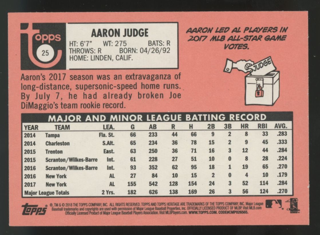 2018 Topps Heritage Aaron Judge #25 "A"