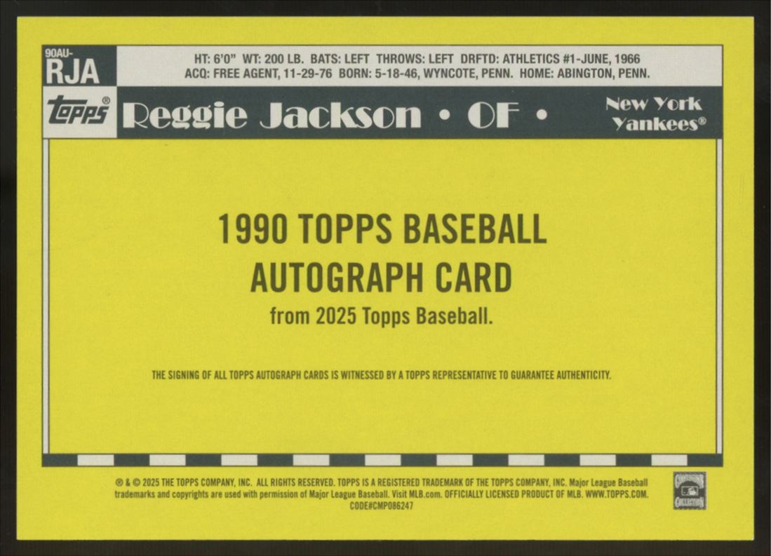 2025 Topps Series One Reggie Jackson 35th Anniversary 1990 Auto #90AU-RJA