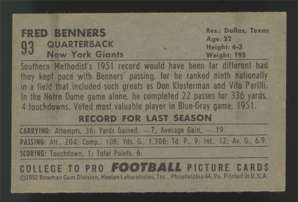 1952 Bowman Small Fred Benners #93 EX+