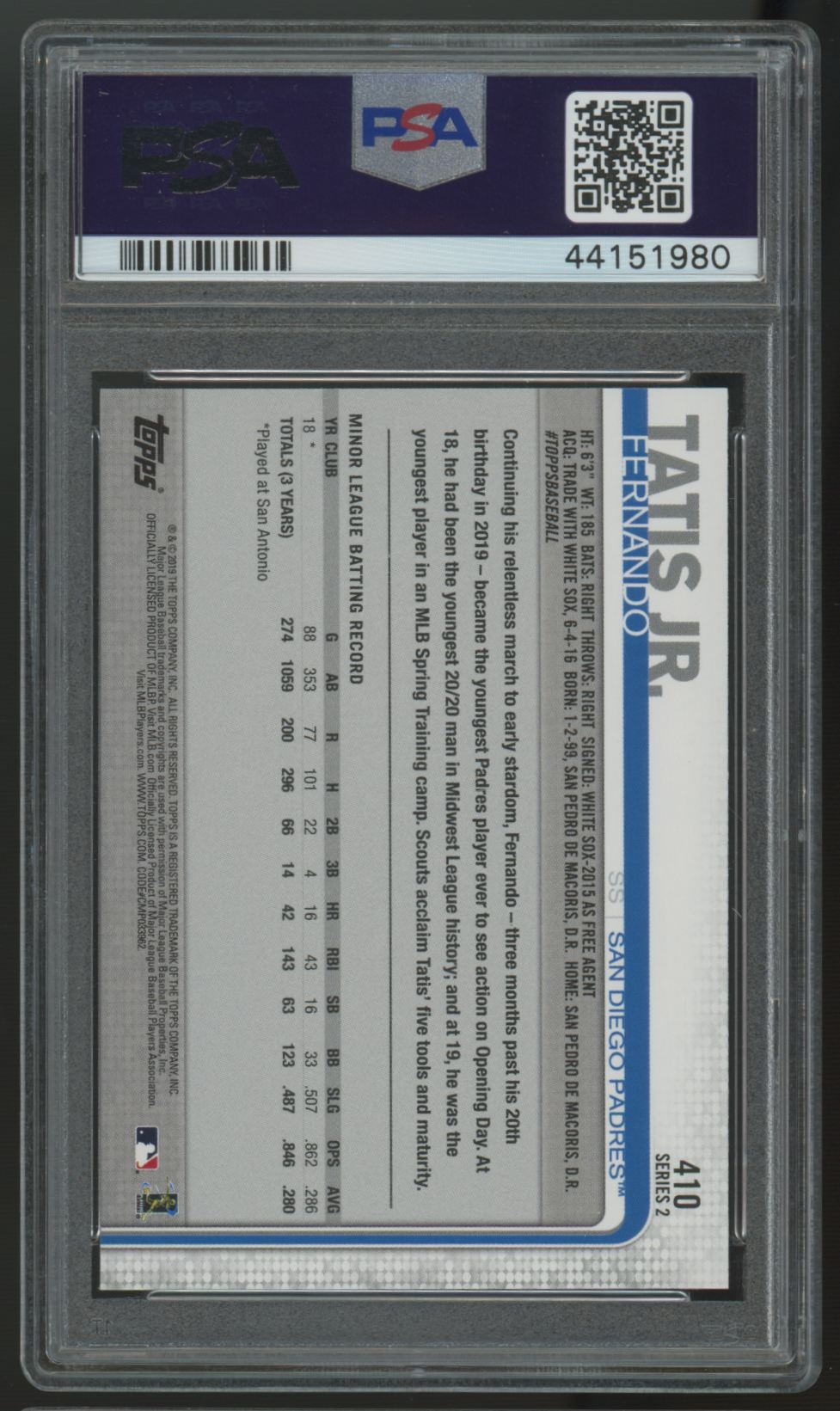 2019 Topps Baseball Fernando Tatis Jr. RC #410 PSA 10 *980