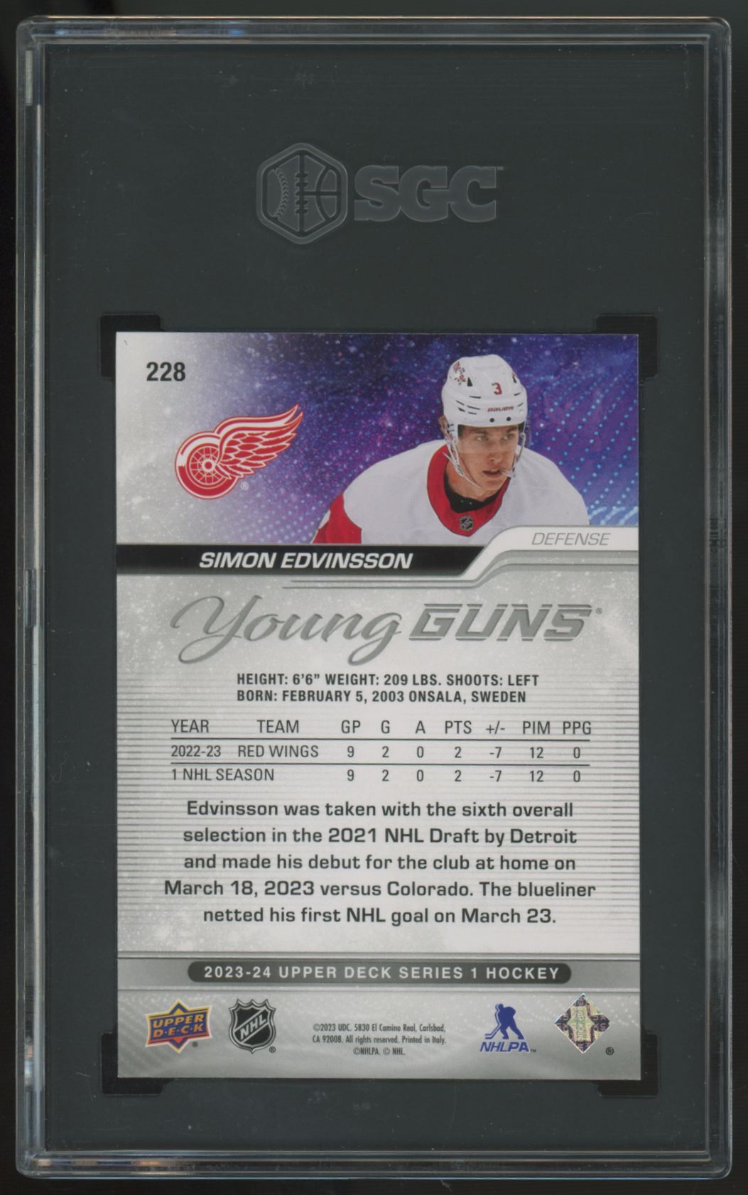 2023-24 Upper Deck Series One Simon Edvinsson RC Young Guns #228 SGC 8