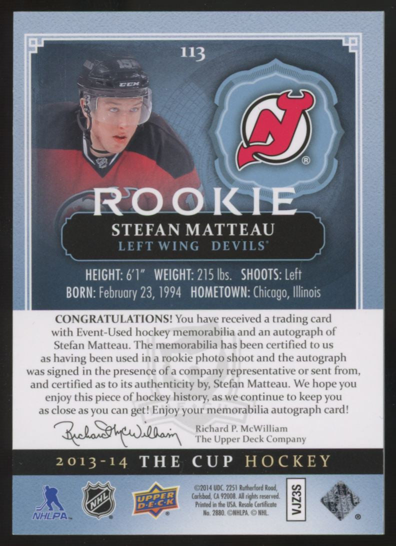 2013-14 Upper Deck The Cup Stefan Matteau RC Patch Auto RPA /249 #113 "A"
