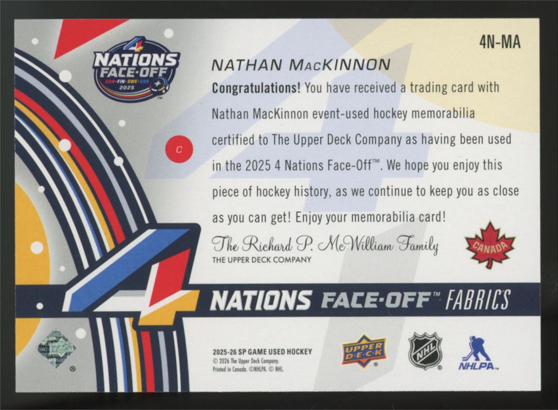 2025-26 SP Game Used Nathan MacKinnon 4 Nations Face-Off Patch #4N-MA