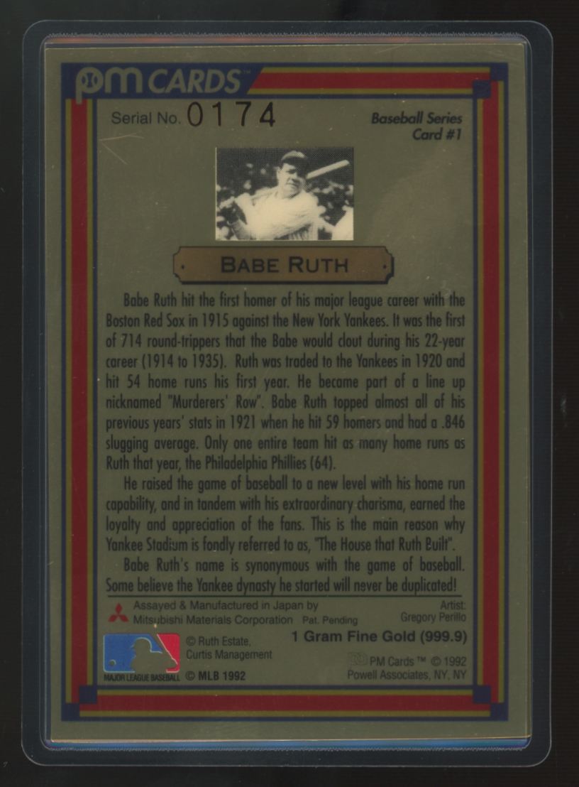 1992 PM Cards Babe Ruth 1 Gram Fine Gold Serial #174 #1
