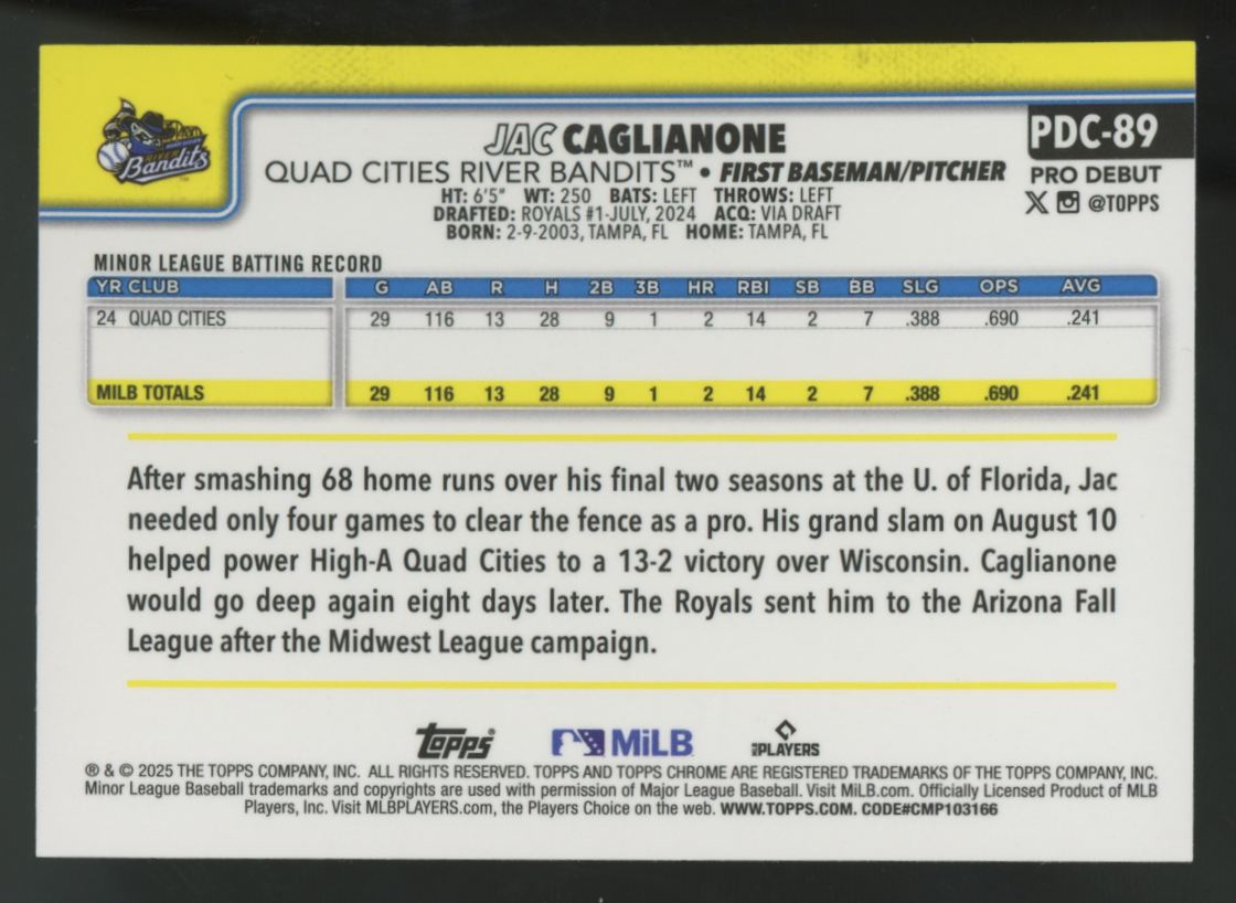 2025 Topps Chrome Pro Debut Jac Caglianone Green Refractor /99 # PDC-89