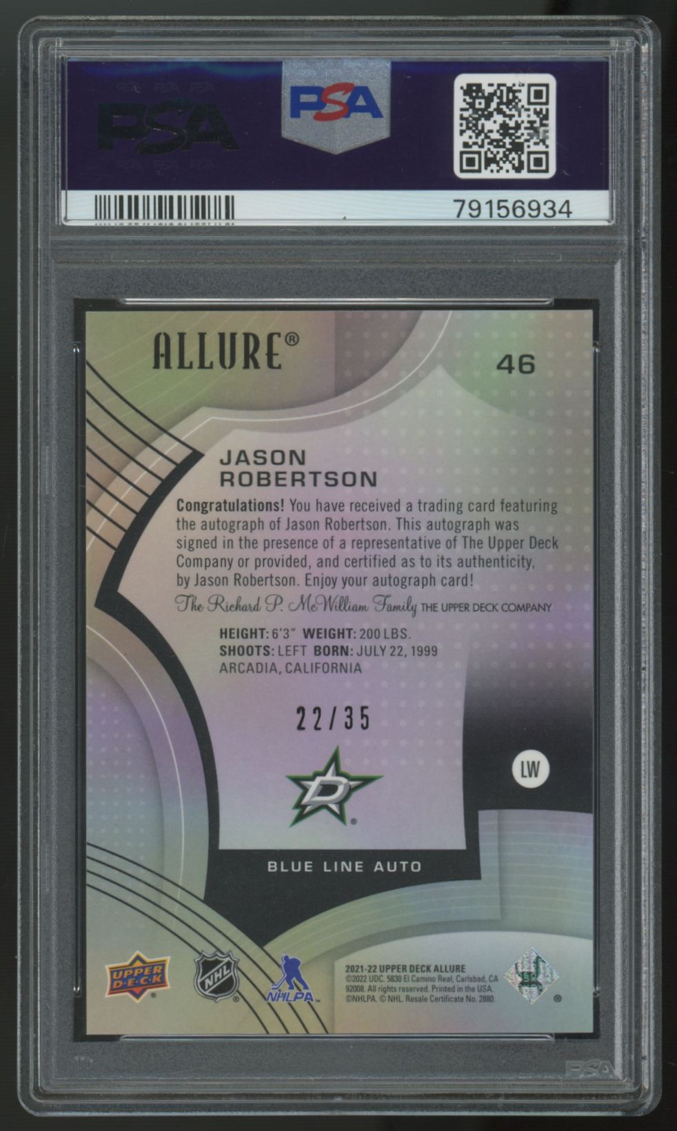 2021-22 Upper Deck Allure Jason Robertson Blue Line Auto /35 #46 PSA 9