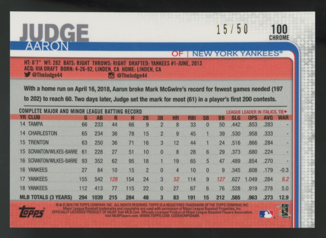 2019 Topps Chrome Aaron Judge Gold Wave Refractor /50 #100