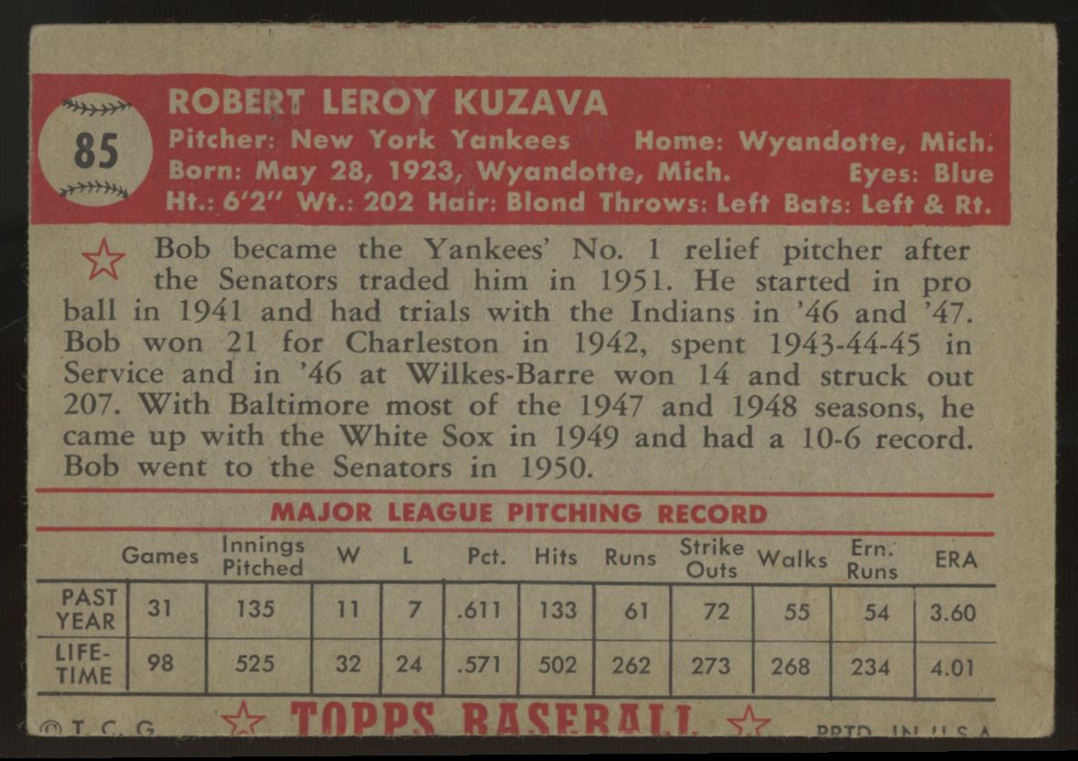 1952 Topps Bob Kuzava #85 VG "B"