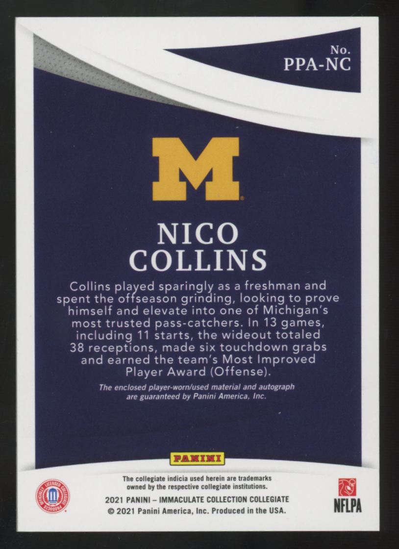2021 Panini Immaculate Collegiate Nico Collins RC Patch Auto RPA /10 #PPA-NC