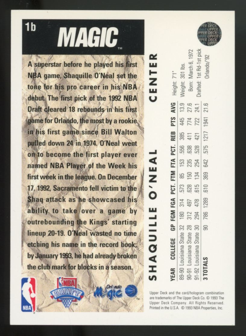 1992-93 Upper Deck Shaquille O'Neal RC Trade Card #1b
