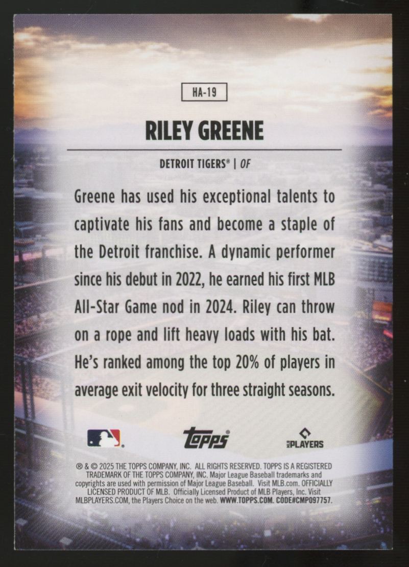 2025 Topps Series One Riley Greene Home Field Advantage #HA-19
