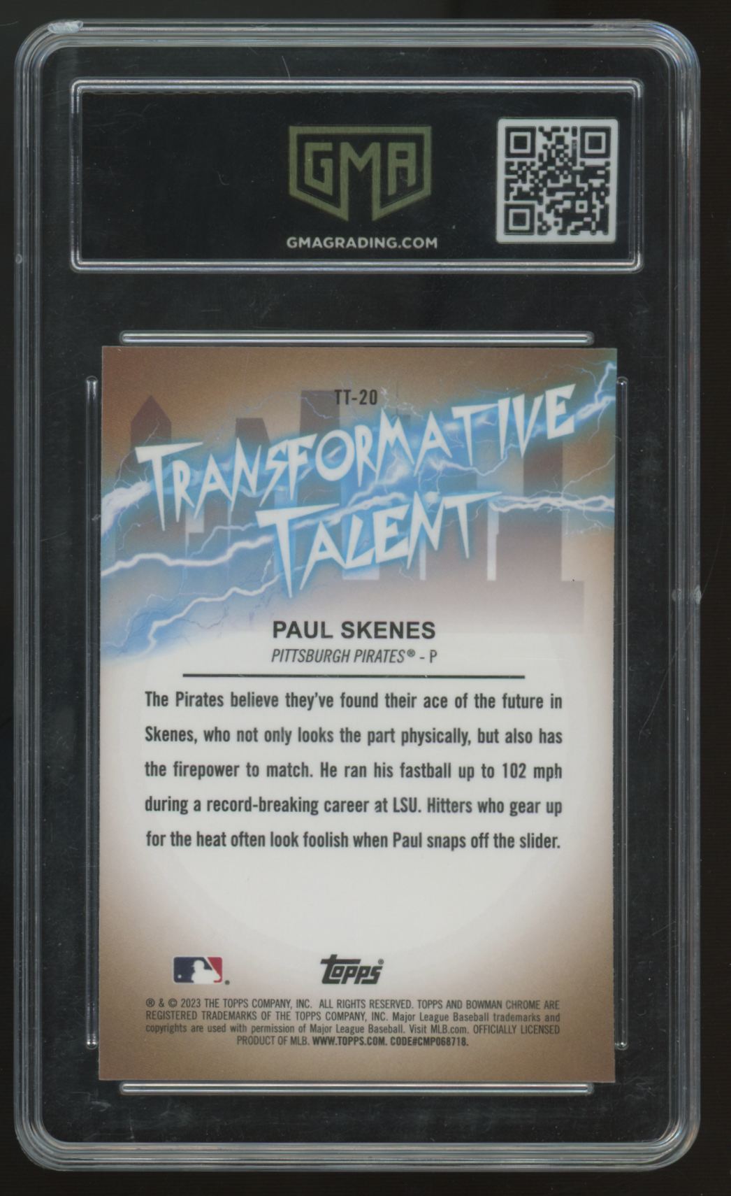2023 Bowman Chrome Paul Skenes RC Transformative Talent Rookie #TT-20 GMA 10