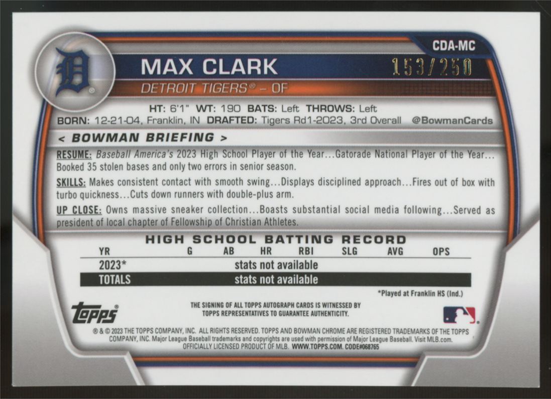 2023 Bowman Chrome Draft Max Clark 1st Purple Auto /250 #CDA-MC