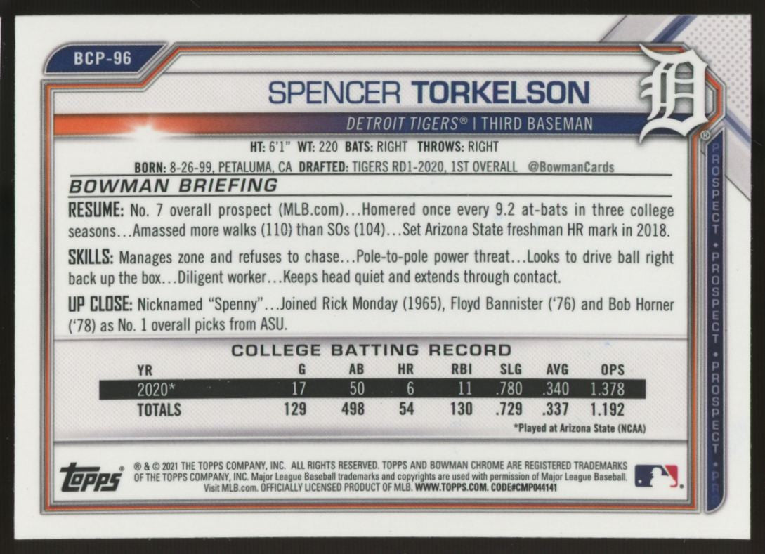 2021 Bowman Chrome Spencer Torkelson Prospect #BCP-96 Signed IP Auto