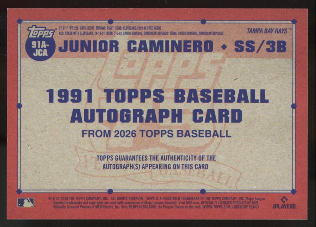 2026 Topps Series One Junior Caminero 1991 Blue Foil Auto /150 #91A-JCA