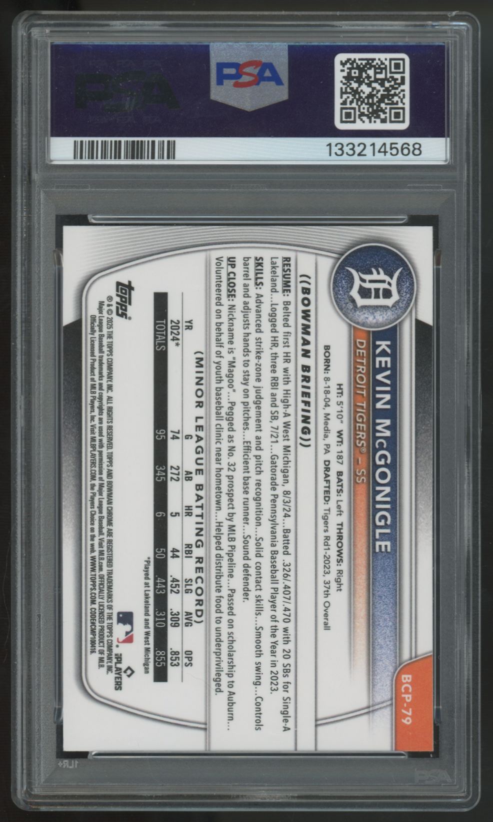 2025 Bowman Kevin McGonigle 1st Chrome Prospect Reptilian PSA 10
