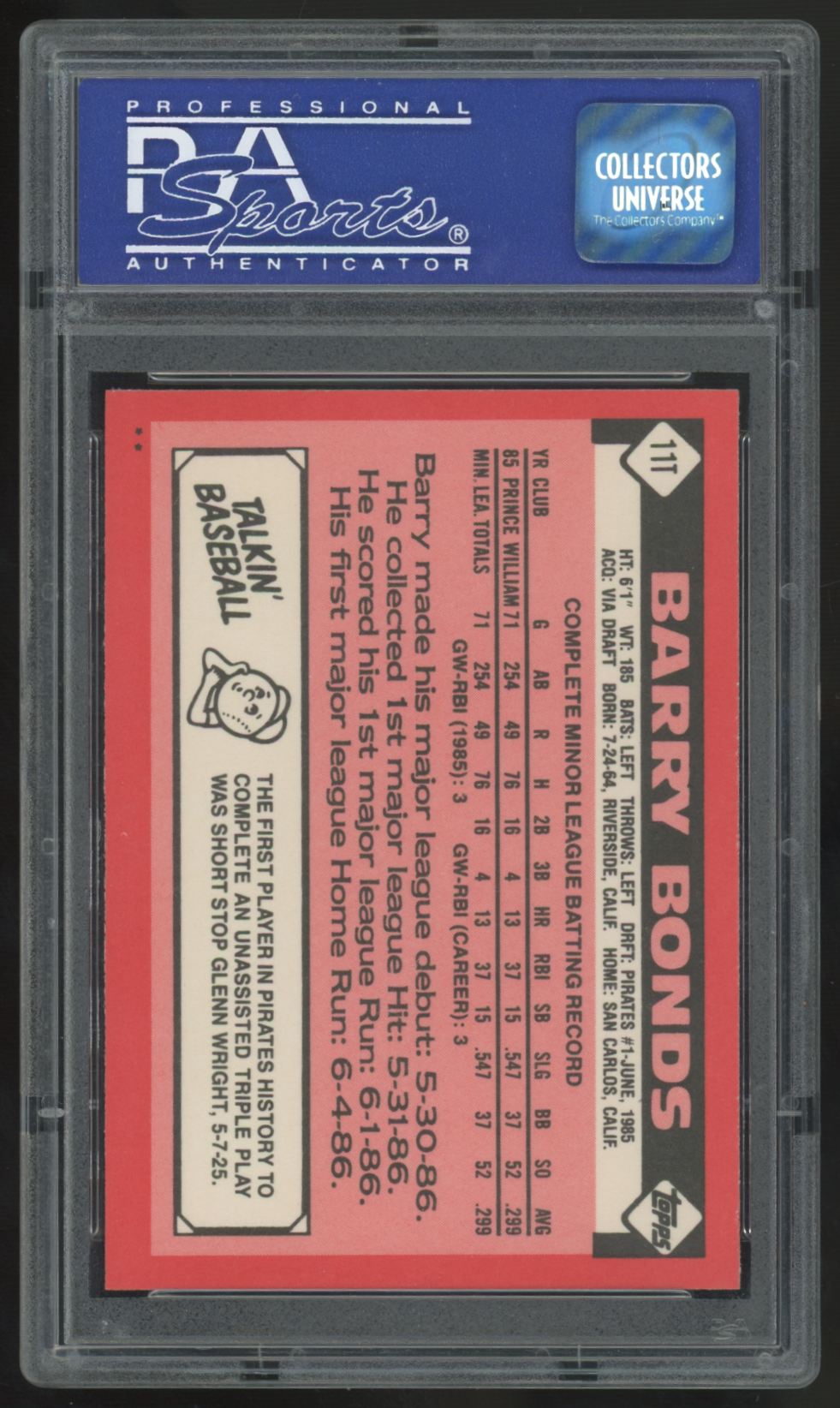 1986 Topps Traded Barry Bonds RC #11T PSA 9 *359