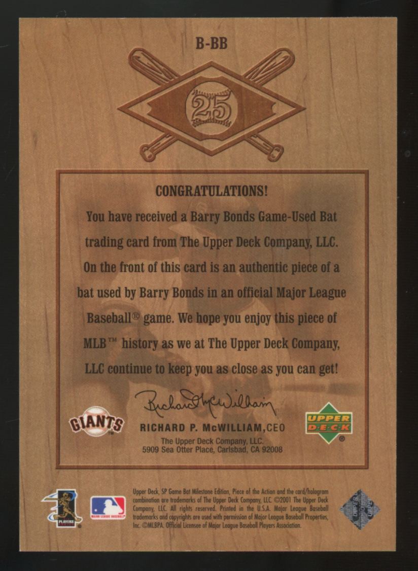 2001 Upper Deck SP Game Bat Milestone Barry Bonds Bound For The Hall Relic #B-BB