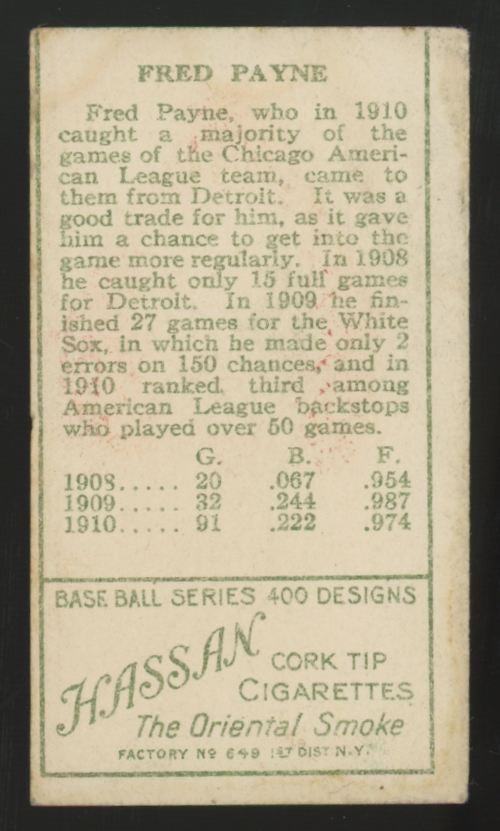 1911 T205 Fred Payne Hassan Cigarettes Back Poor