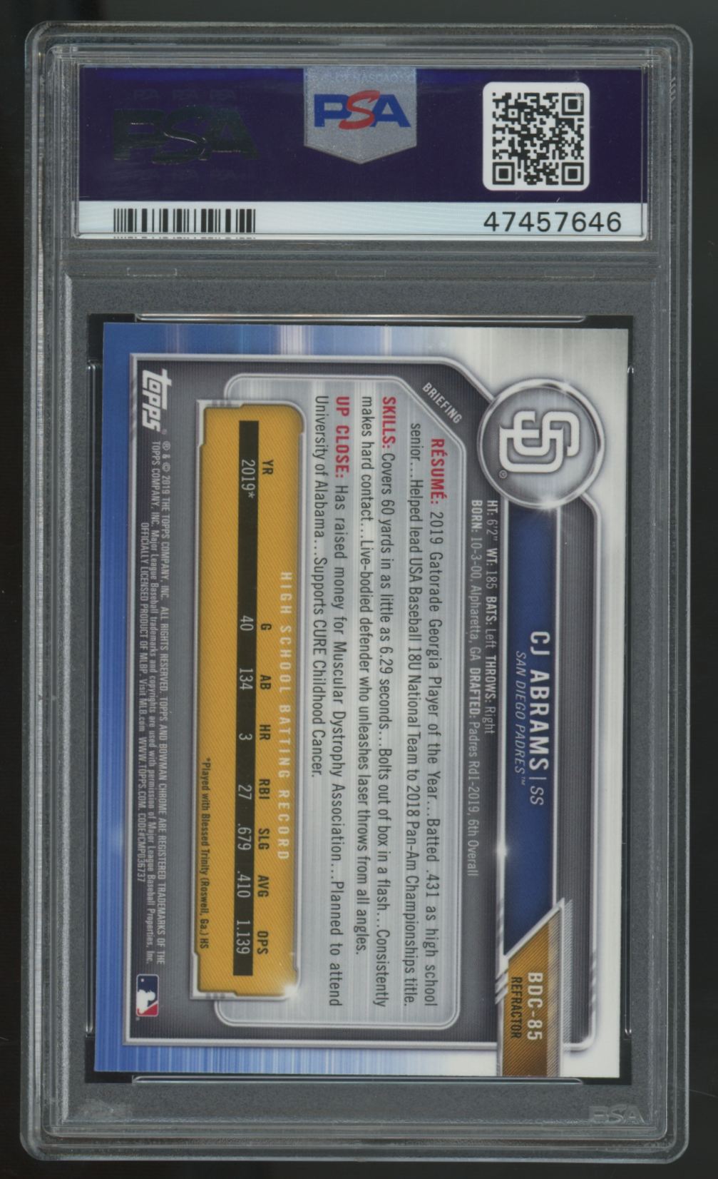 2019 Bowman Draft CJ Abrams 1st Chrome Refractor #BDC-85 PSA 10