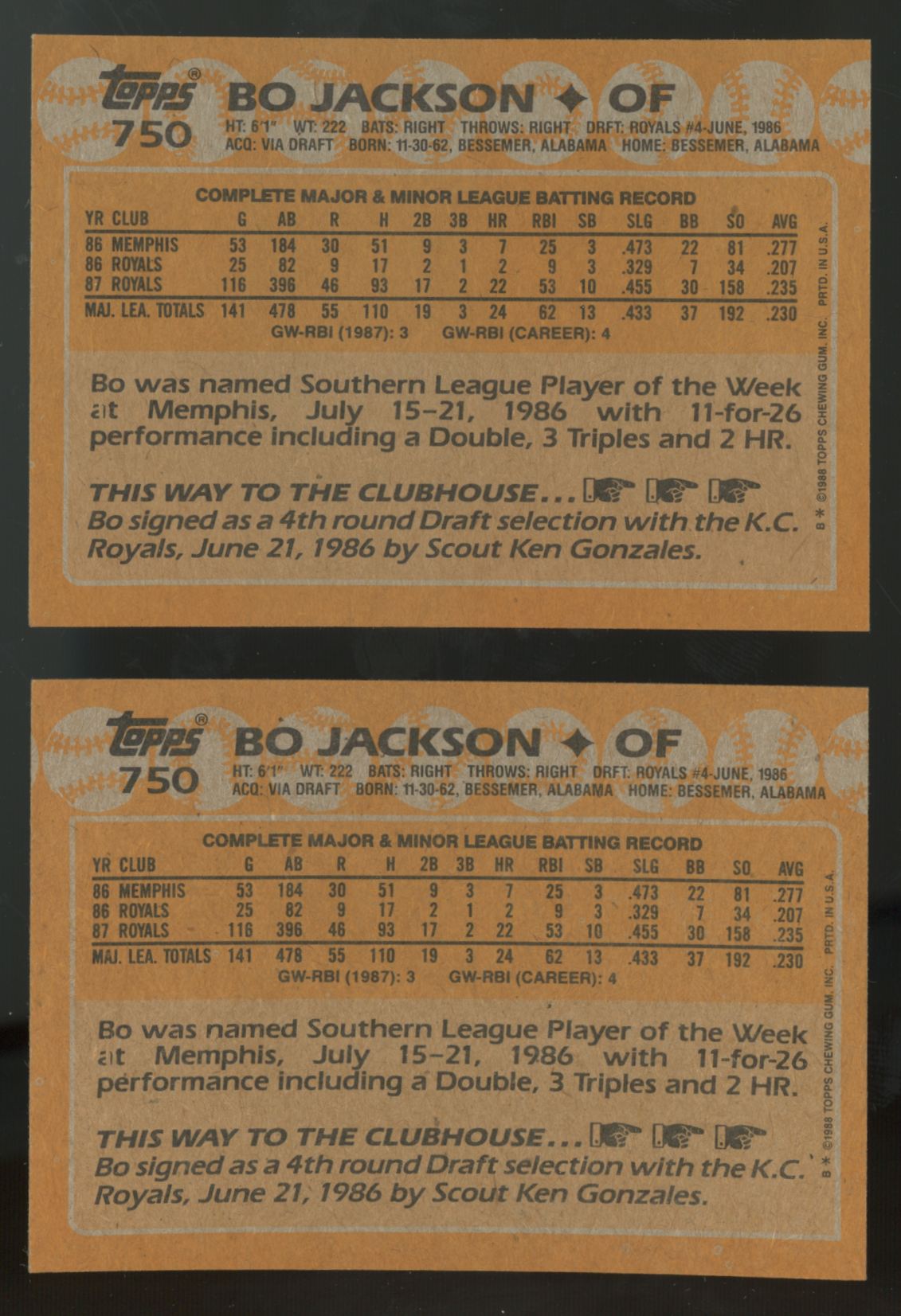 1988 Topps Bo Jackson #350 (Lot Of 20)