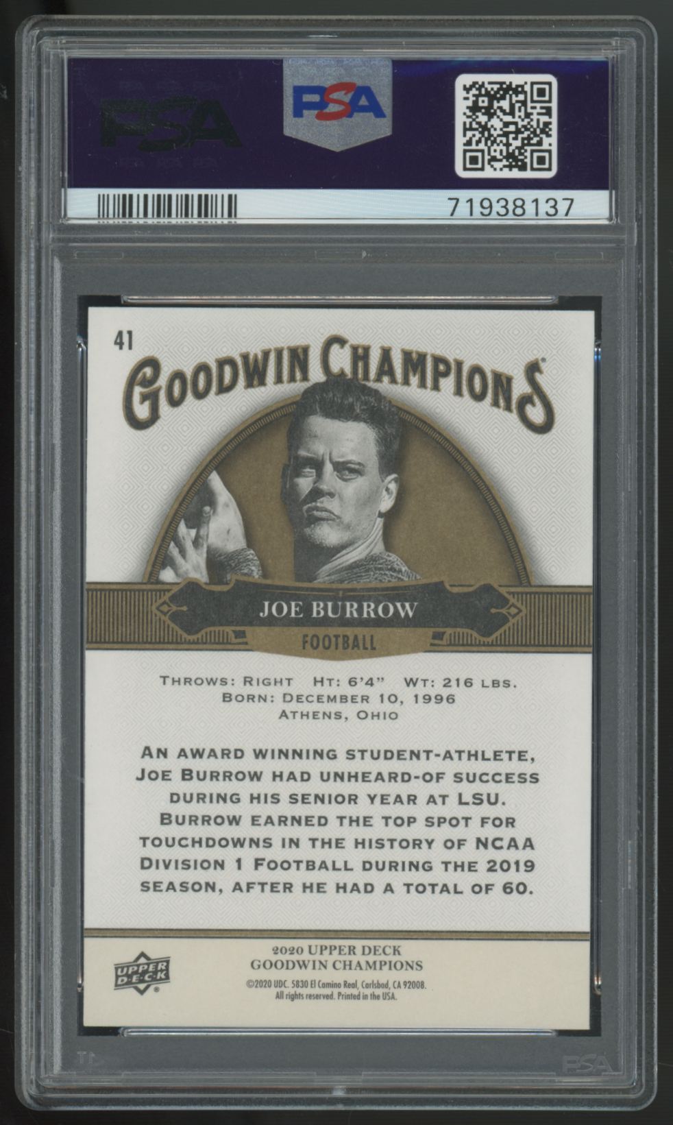 2020 Upper Deck Goodwin Champions Joe Burrow RC #41 PSA 10