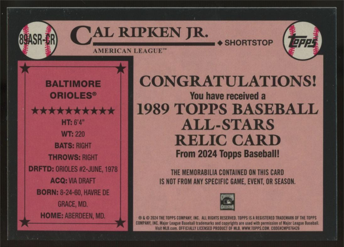 2024 Topps Cal Ripken Jr. All-Star Relic 1989 Design #89ASR-CR