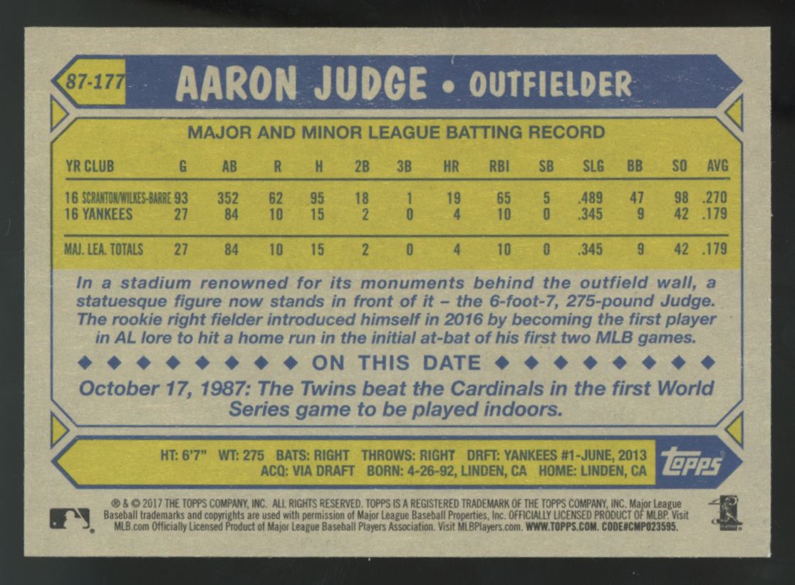 2017 Topps Series Two Aaron Judge RC 1987 Variation #87-177