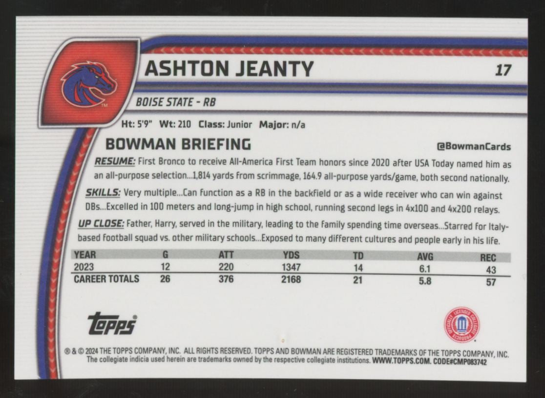 2024 Bowman Chrome University Ashton Jeanty 1st Blue Refractor /199 #17