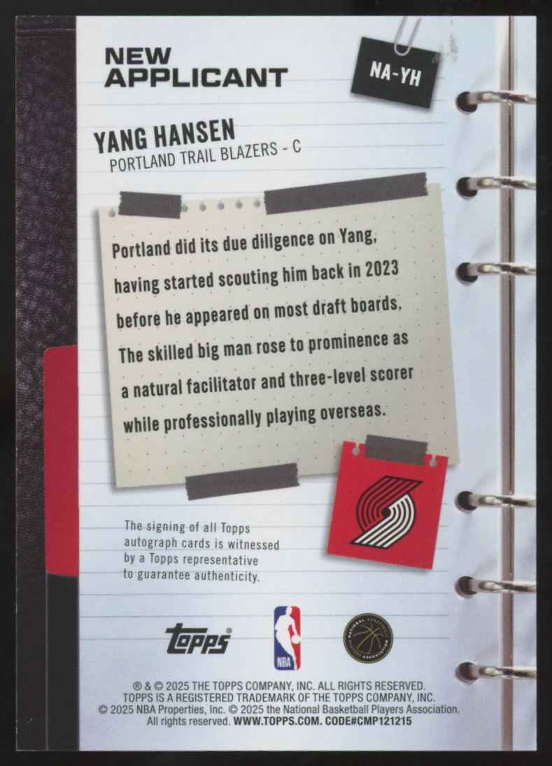 2025-26 Topps Yang Hansen RC New Applicant Auto #NA-YH