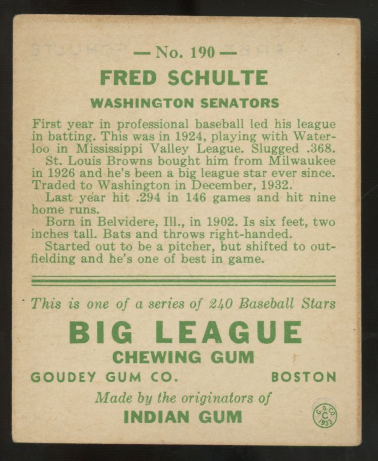 1933 Goudey Fred Schulte #190 EX