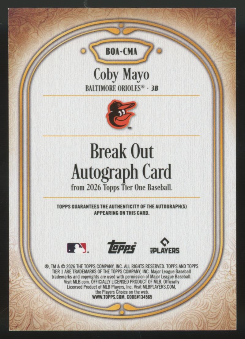 2026 Topps Tier One Coby Mayo Break Out Auto /199 #BOA-CMA