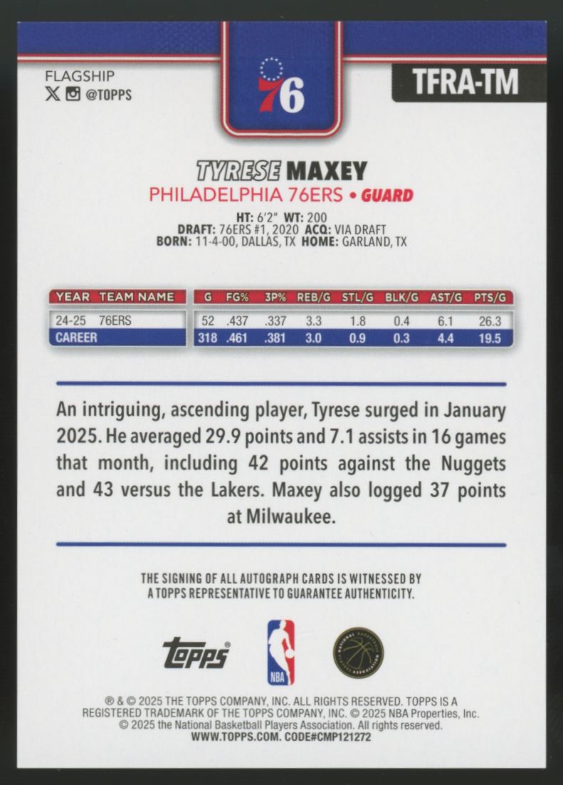 2025-26 Topps Tyrese Maxey Flagship Real Ones Auto #TFRA-TM