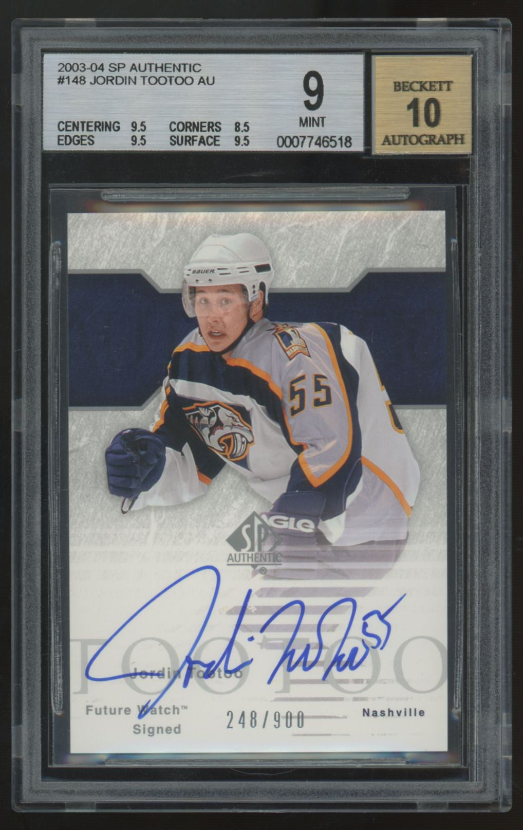 2003-04 Upper Deck SP Authentic Jordin Tootoo RC Auto /900 #148 BGS 9 10