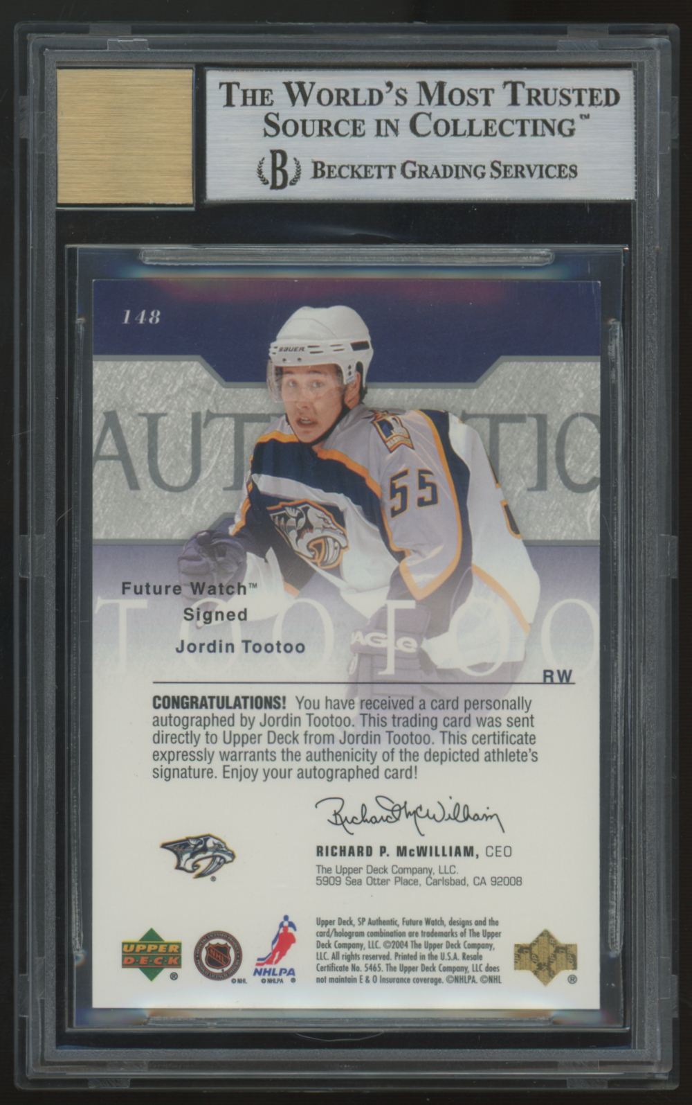 2003-04 Upper Deck SP Authentic Jordin Tootoo RC Auto /900 #148 BGS 9 10