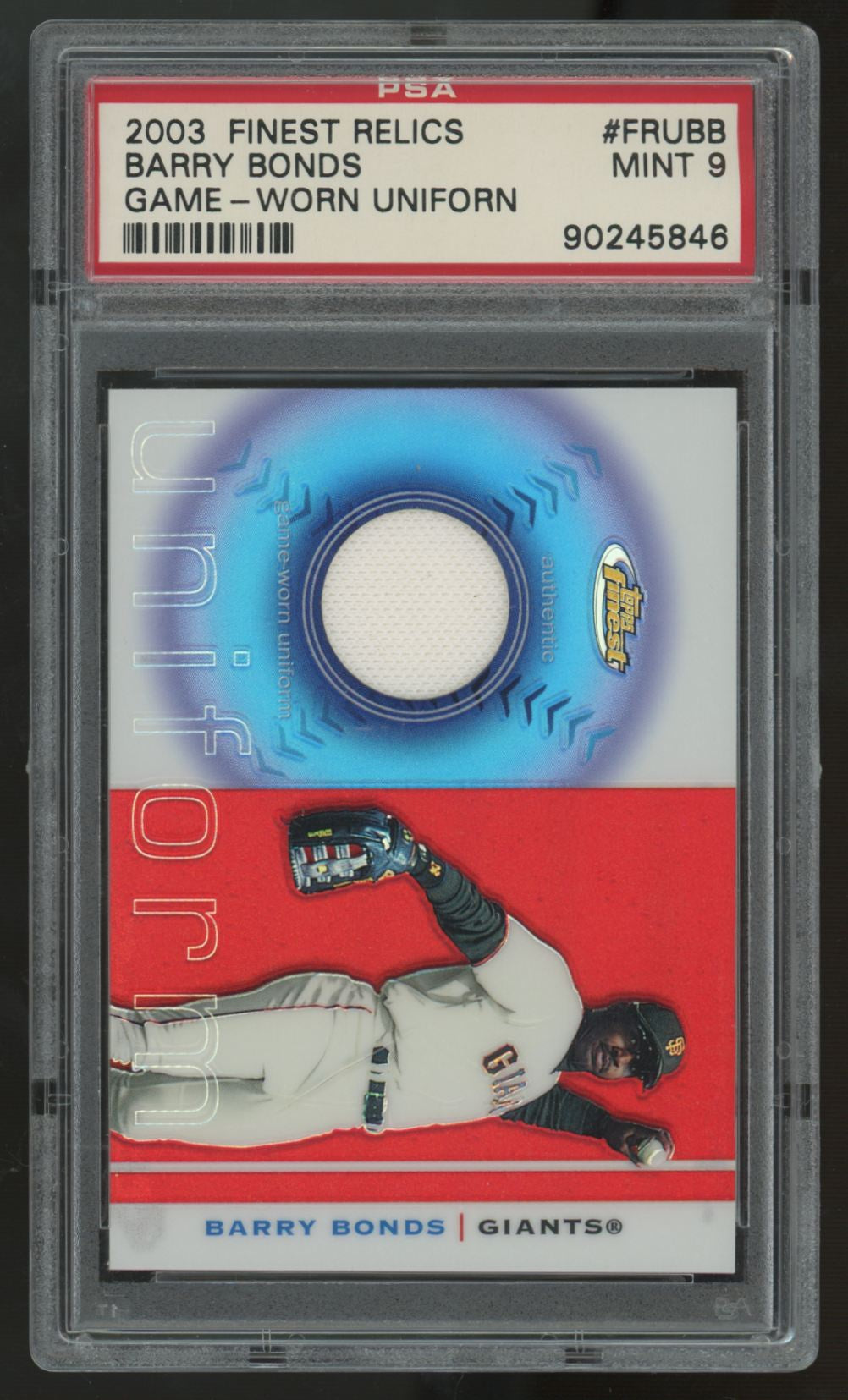 2003 Topps Finest Barry Bonds Authentic Game Worn Patch #FRU-BB PSA 9