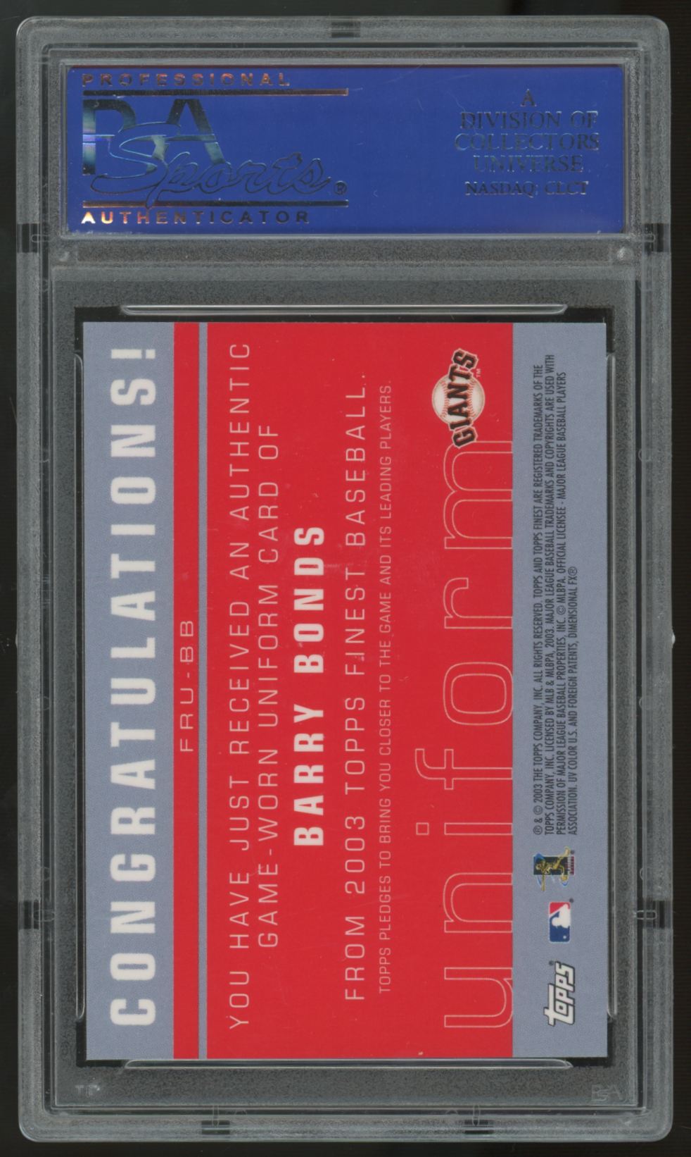 2003 Topps Finest Barry Bonds Authentic Game Worn Patch #FRU-BB PSA 9