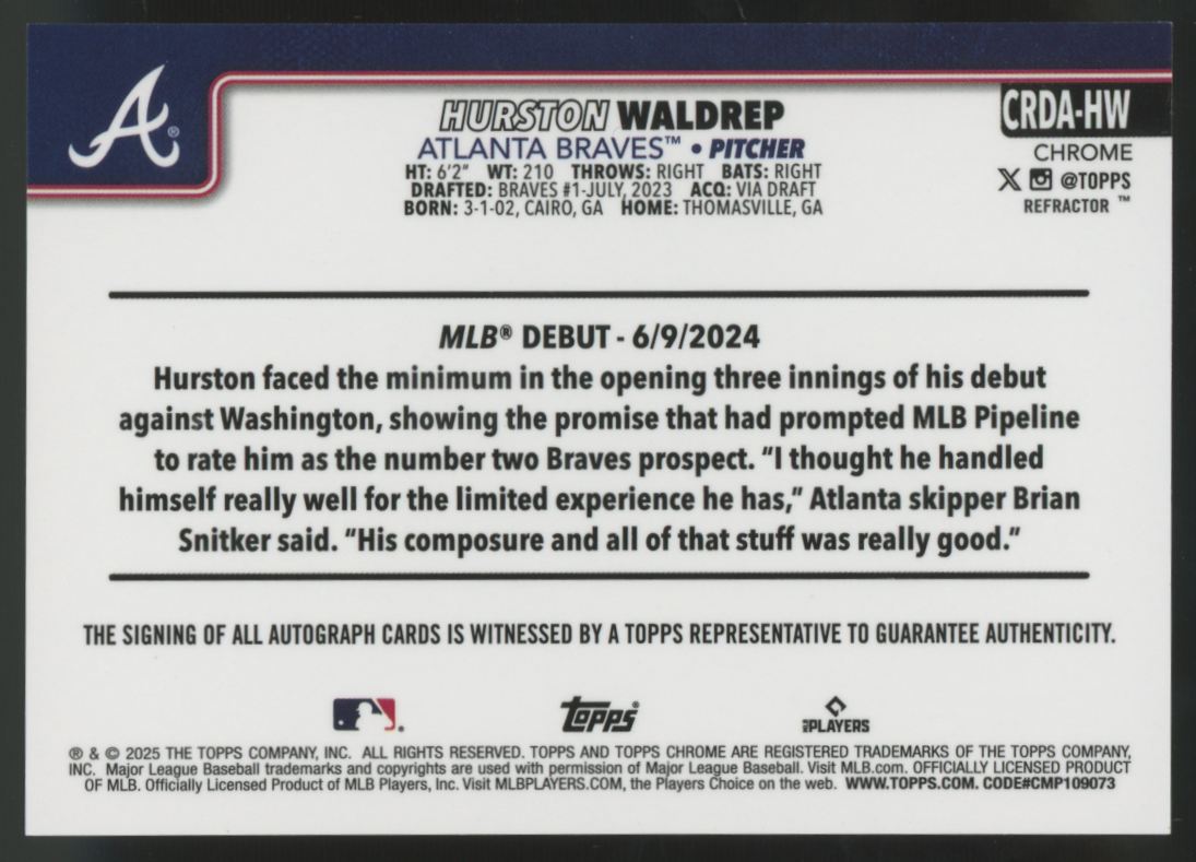 2025 Topps Chrome Update Hurston Waldrep RC Debut Refractor Auto /499 #CRDA-HW