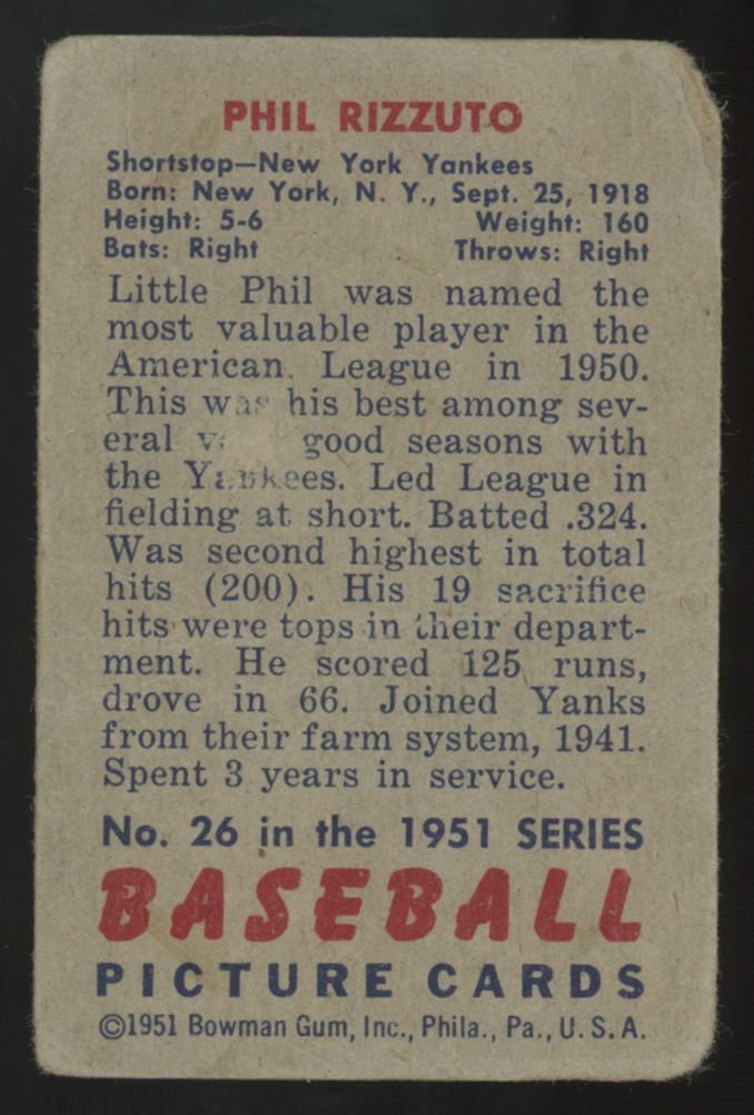 1951 Bowman Phil Rizzuto Picture Card #26 Poor