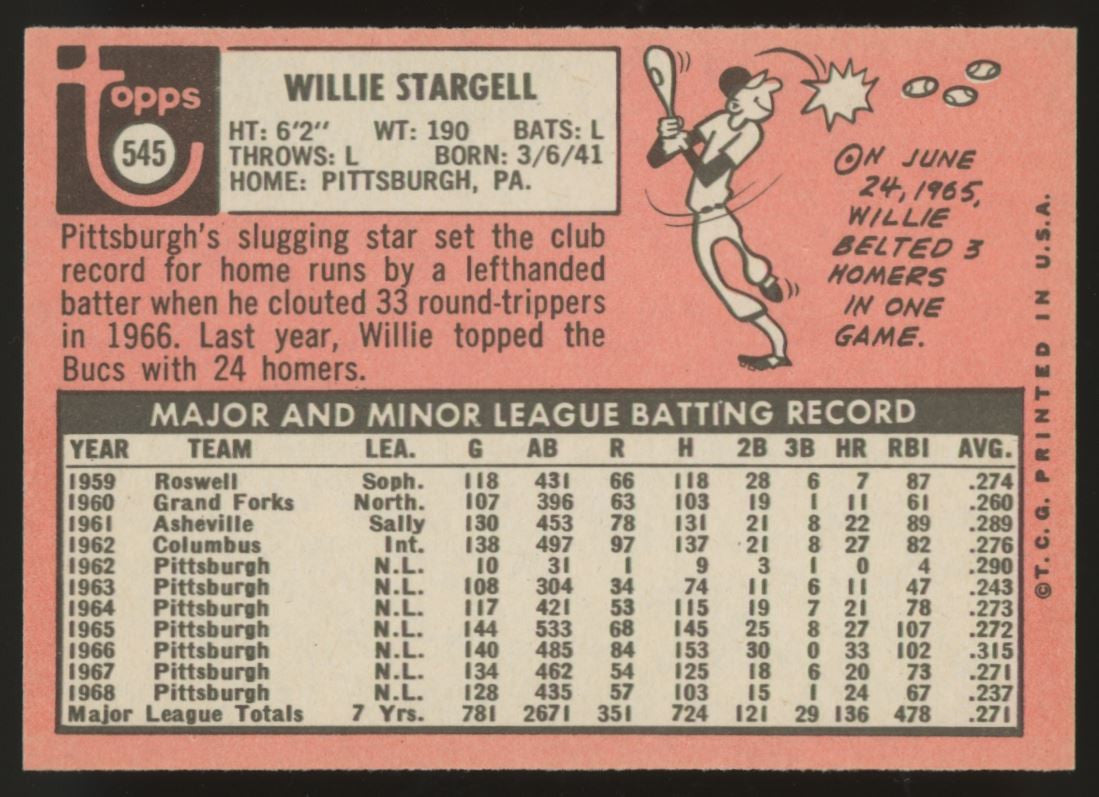 1969 Topps Willie Stargell #545 EX/MT "B"