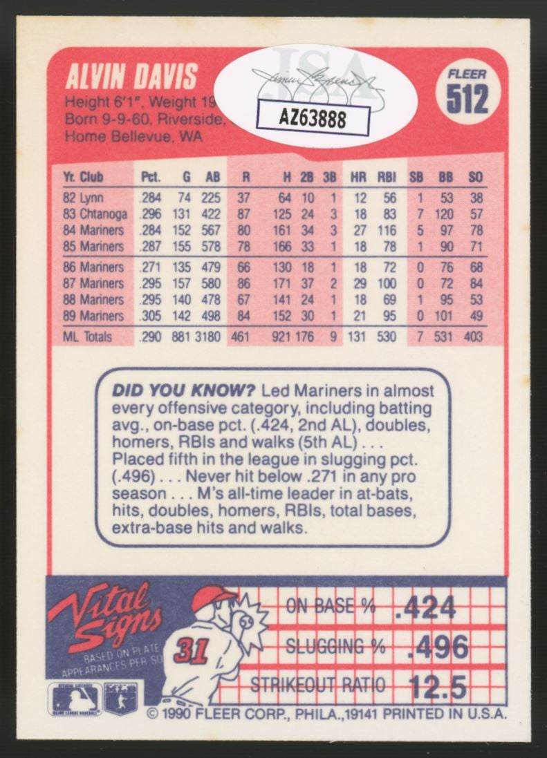 1990 Fleer Alvin Davis #512 Signed Auto JSA