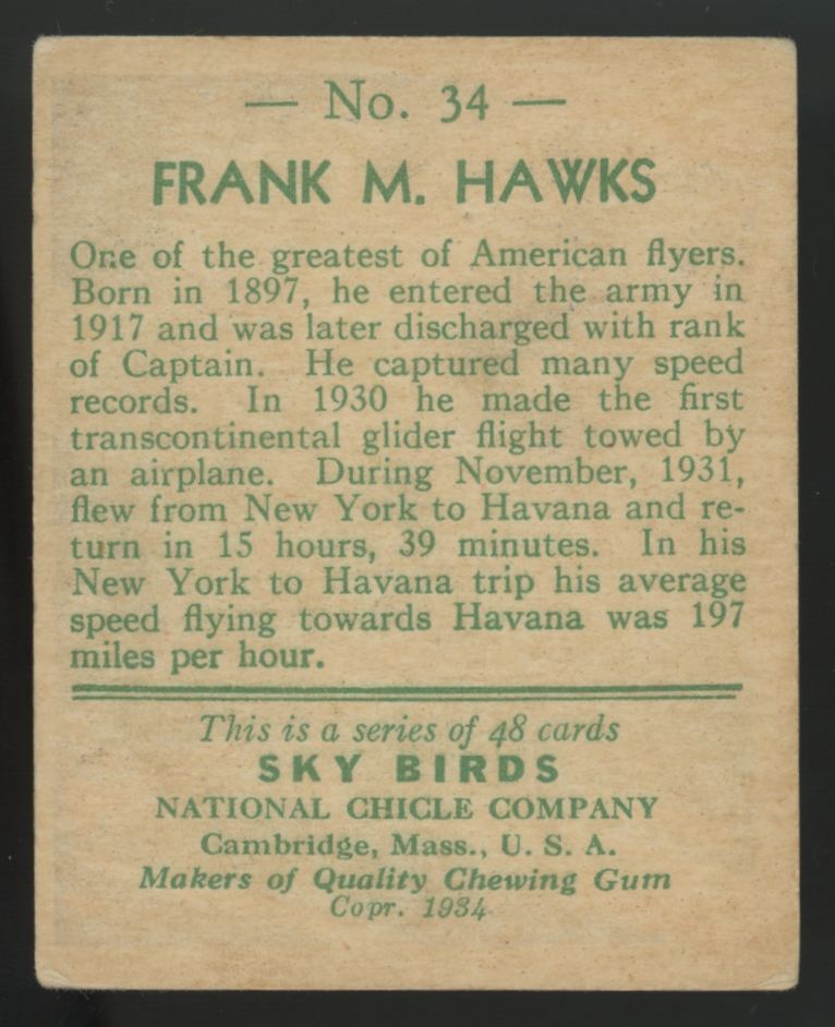 1934 National Chicle Lt. Com. Frank M Hawks Sky Birds #34 VG-VG/EX