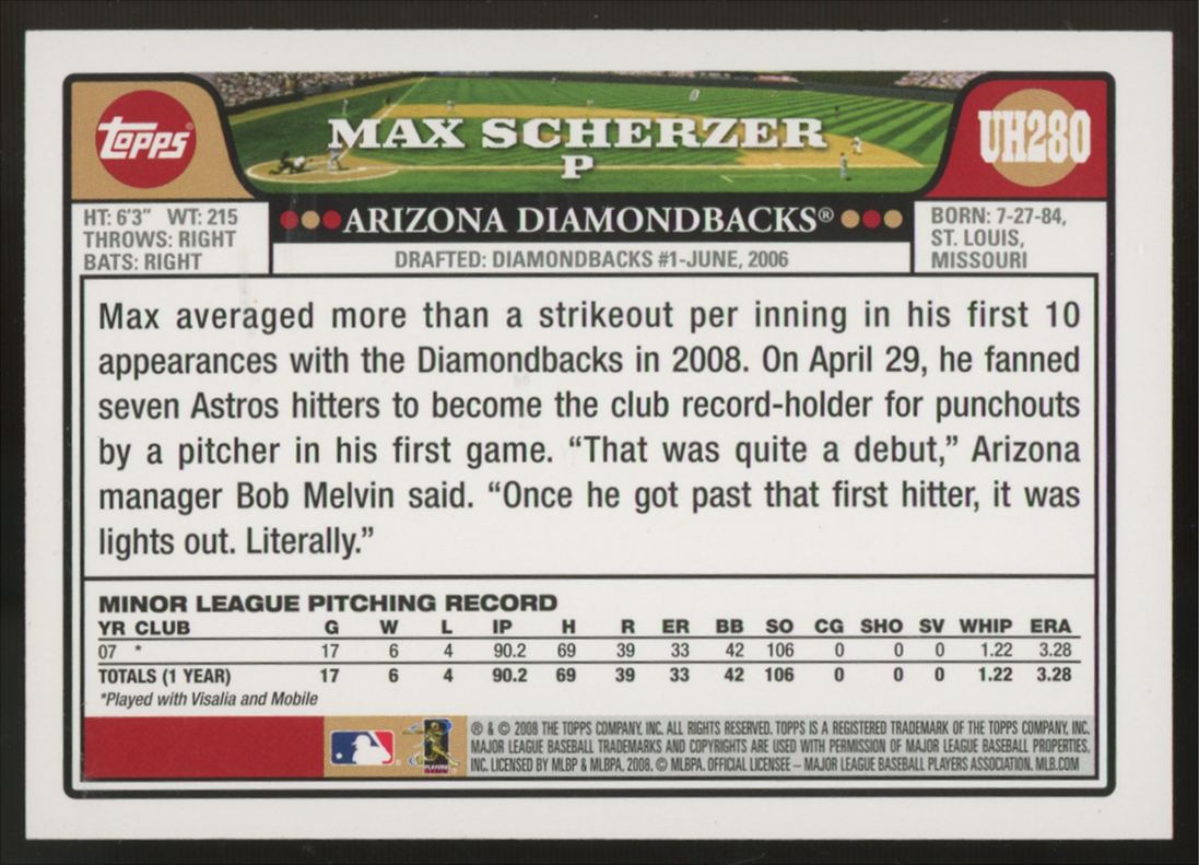 2008 Topps Updates And Highlights Max Scherzer RC #UH280