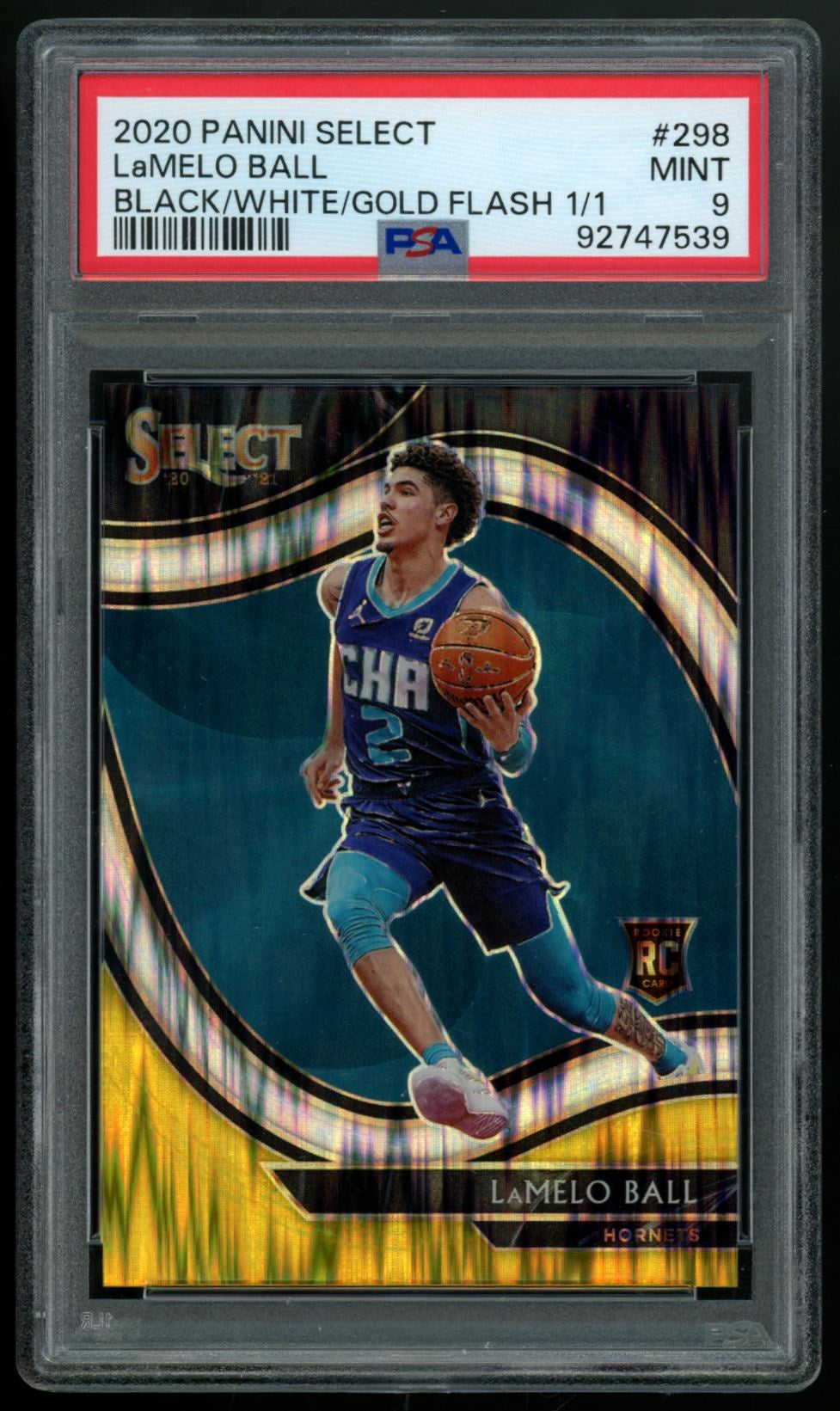 2020-21 Select LaMelo Ball RC Courtside Black/White/Gold Flash 1/1 #298 PSA 9