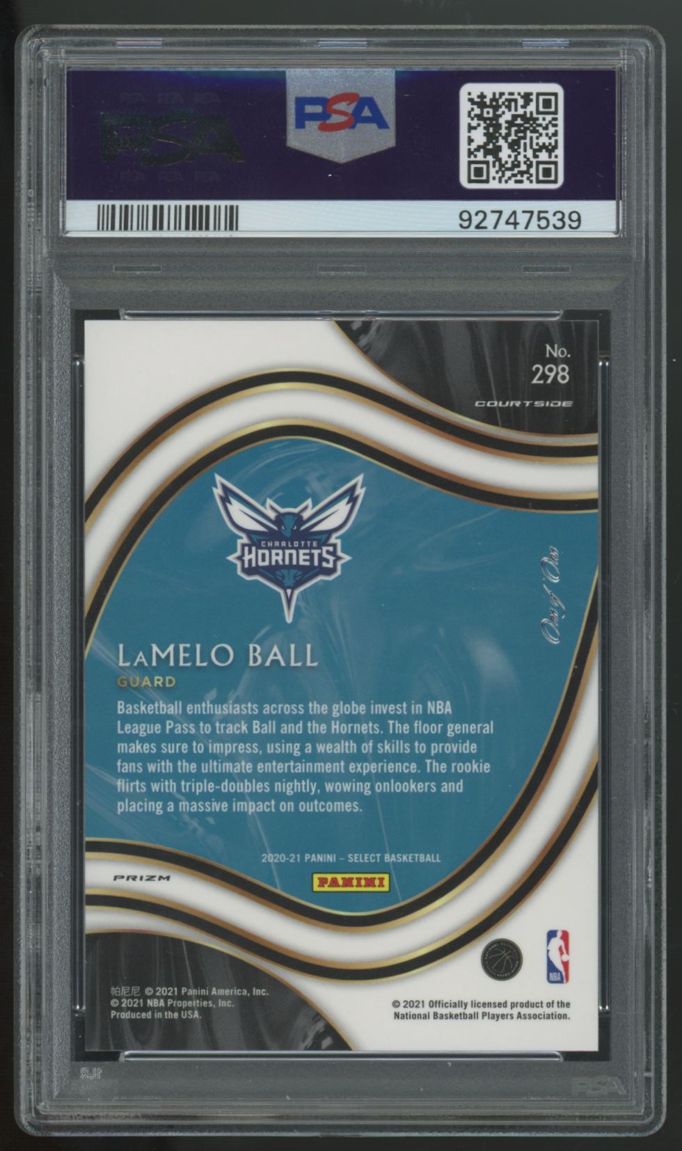 2020-21 Select LaMelo Ball RC Courtside Black/White/Gold Flash 1/1 #298 PSA 9