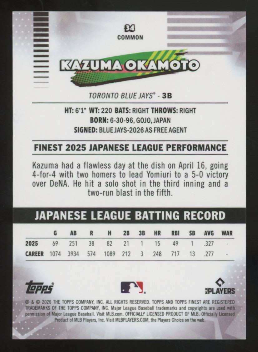 2026 Topps Finest Kazuma Okamoto RC Common Gold Mini-Diamond Refractor /50 #34