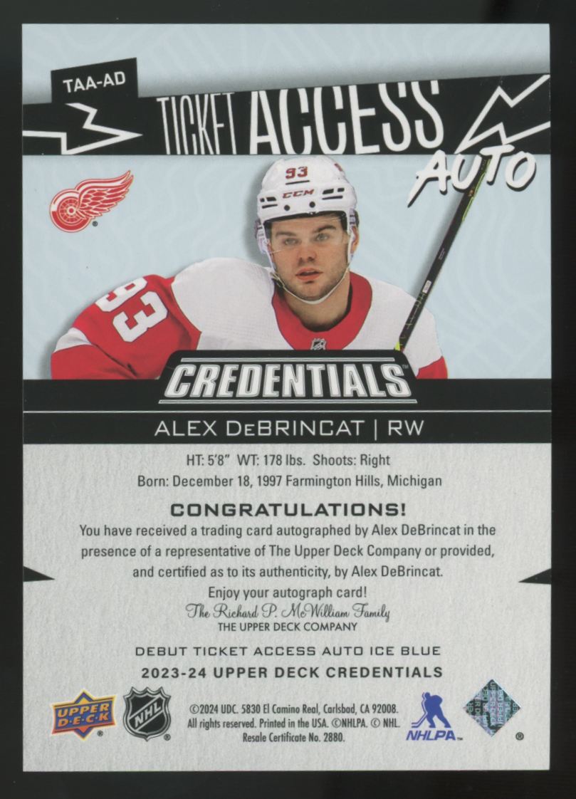 2023-24 Upper Deck Credentials Alex DeBrincat Ticket Access Auto /49 #TAA-AD
