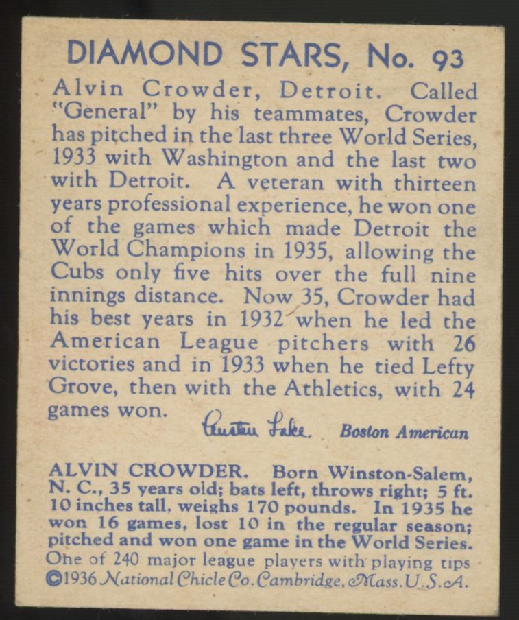 1936 National Chicle Alvin Crowder Diamond Stars #93 NM