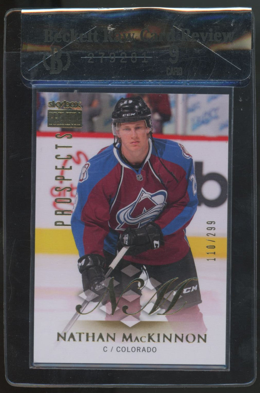 2013-14 Fleer Showcase Nathan MacKinnon Gold Premium Prospect /299 Beckett RCR 9