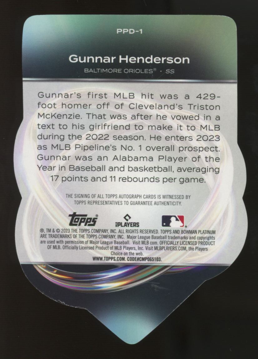 2023 Bowman Platinum Gunnar Henderson RC Plating Die-Cut Auto /99 #PPD-1